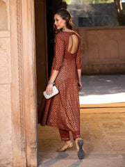 Shae by SASSAFRAS - Women Rust Chevron Foil Anarkali Kurta With Pants