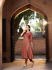 Shae by SASSAFRAS - Women Rust Chevron Foil Anarkali Kurta With Pants