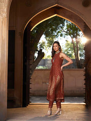 Shae by SASSAFRAS - Women Rust Kali Foil Sleeveless Anarkali Kurta With Pants