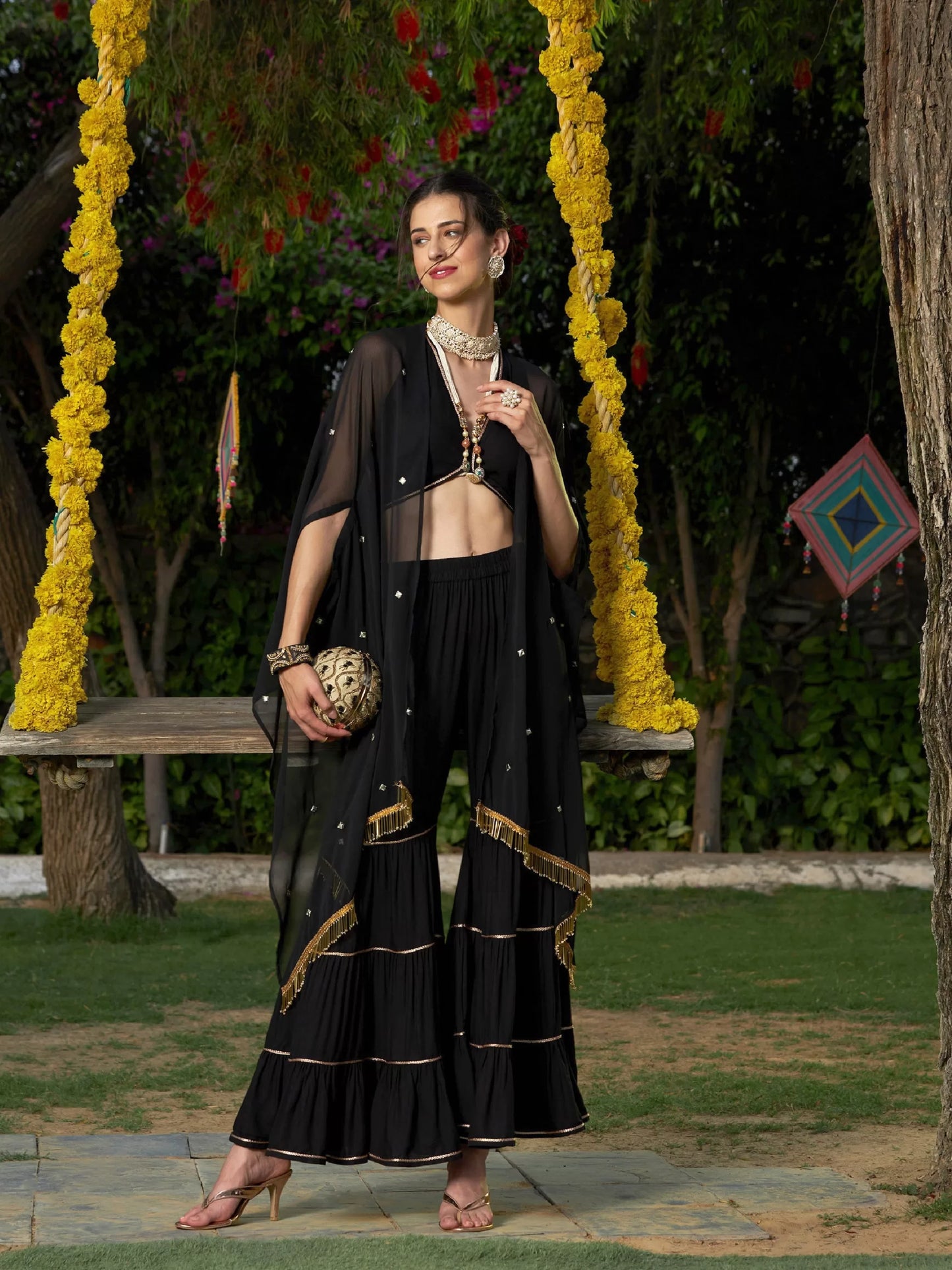 Shae by SASSAFRAS - Women Black Crop Top With Tiered Sharara And Emb Cape