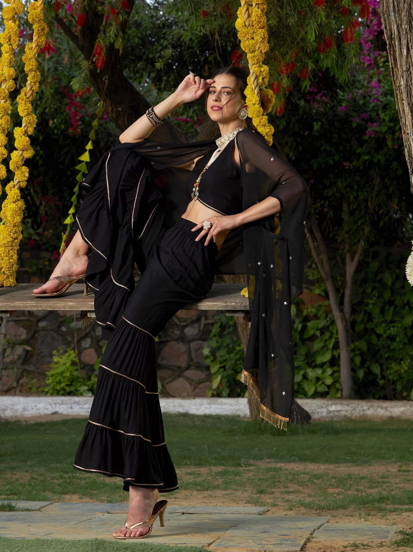 Shae by SASSAFRAS - Women Black Crop Top With Tiered Sharara And Emb Cape