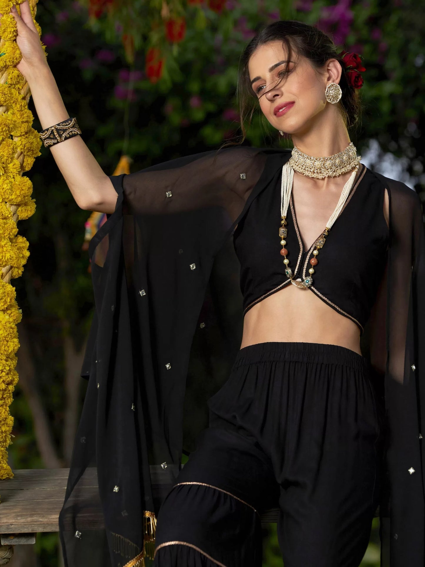 Shae by SASSAFRAS - Women Black Crop Top With Tiered Sharara And Emb Cape