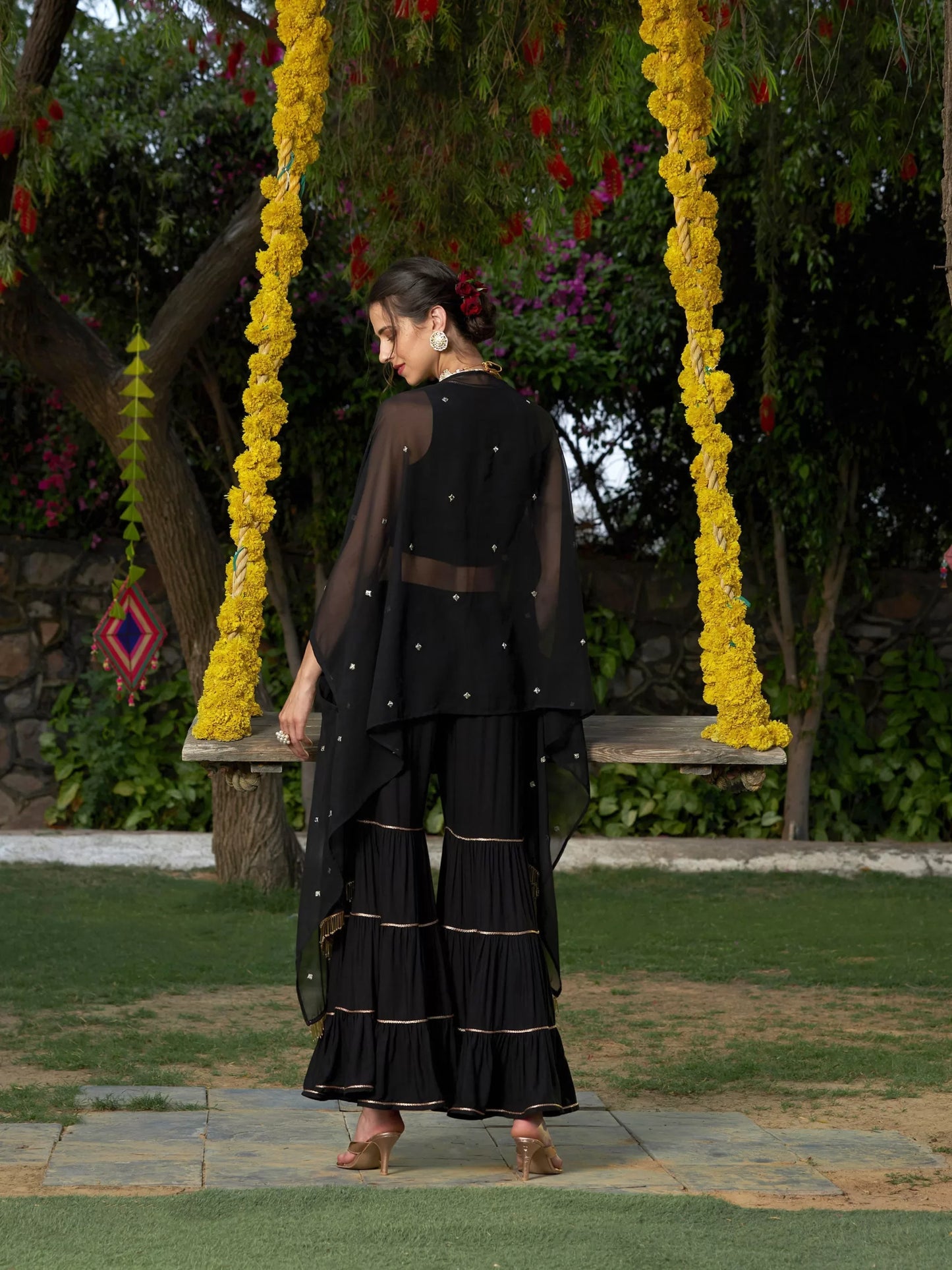 Shae by SASSAFRAS - Women Black Crop Top With Tiered Sharara And Emb Cape