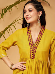 Women Mustard Embroidered Gathered Top With Palazzos