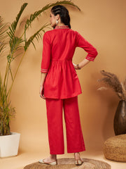 Women Red Embroidered Gathered Top With Palazzos
