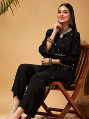 Shae by SASSAFRAS - Women Black Mirror Work Embroidered Top With Palazzos