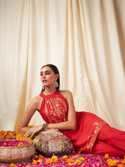 Shae by SASSAFRAS - Women Red Foil Print Halter Neck Kurta With Pants