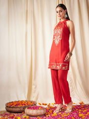 Shae by SASSAFRAS - Women Red Foil Print Halter Neck Kurta With Pants