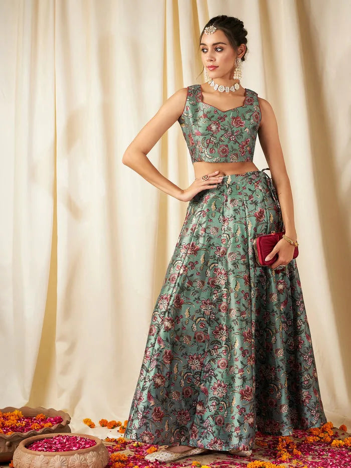 Shae by SASSAFRAS - Women Olive Floral Anarkali Skirt With Crop Top