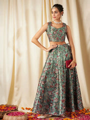Shae by SASSAFRAS - Women Olive Floral Anarkali Skirt With Crop Top