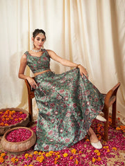 Shae by SASSAFRAS - Women Olive Floral Anarkali Skirt With Crop Top