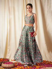 Shae by SASSAFRAS - Women Olive Floral Anarkali Skirt With Crop Top