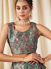 Shae by SASSAFRAS - Women Olive Floral Anarkali Skirt With Crop Top