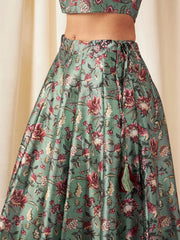 Shae by SASSAFRAS - Women Olive Floral Anarkali Skirt With Crop Top