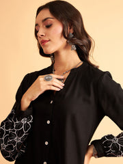 Women Black Sleeves Embroidered Shirt With Pants