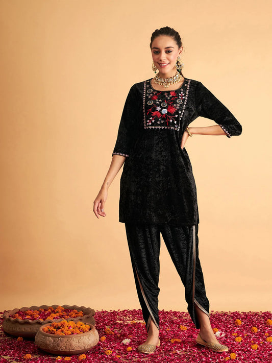 Shae by SASSAFRAS - Women Black Velvet Embroidered Short Kurta With Dhoti Pants