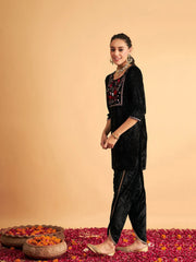 Shae by SASSAFRAS - Women Black Velvet Embroidered Short Kurta With Dhoti Pants