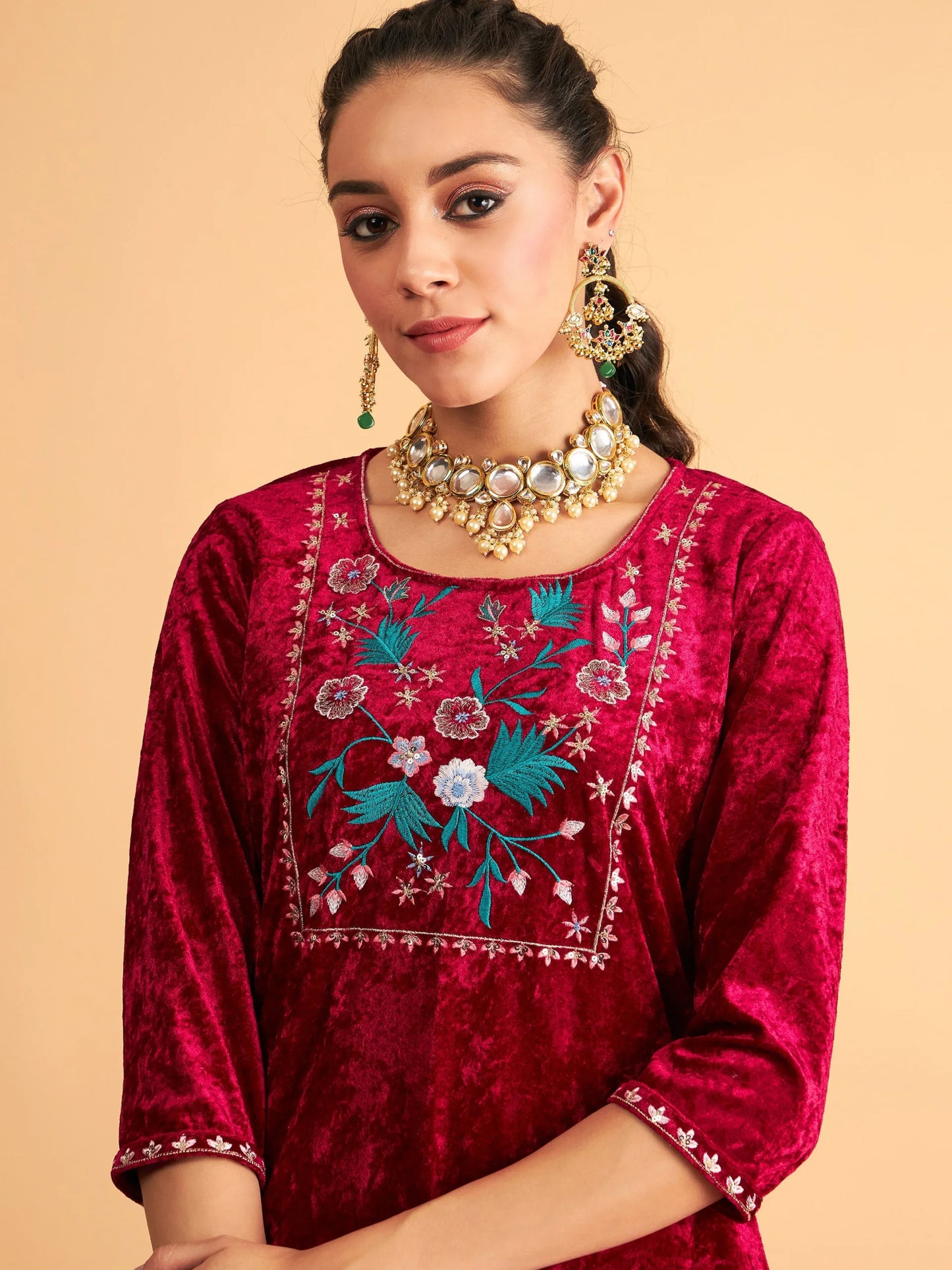 Shae by SASSAFRAS - Women Fuchsia Velvet Embroidered Short Kurta With Dhoti Pants