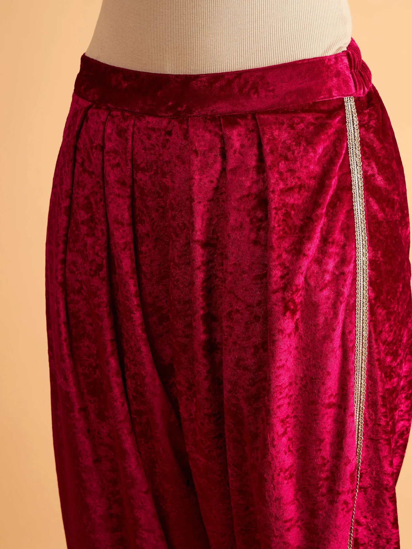 Shae by SASSAFRAS - Women Fuchsia Velvet Embroidered Short Kurta With Dhoti Pants