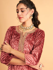 Women Rust Velvet Embroidered Short Kurta Only