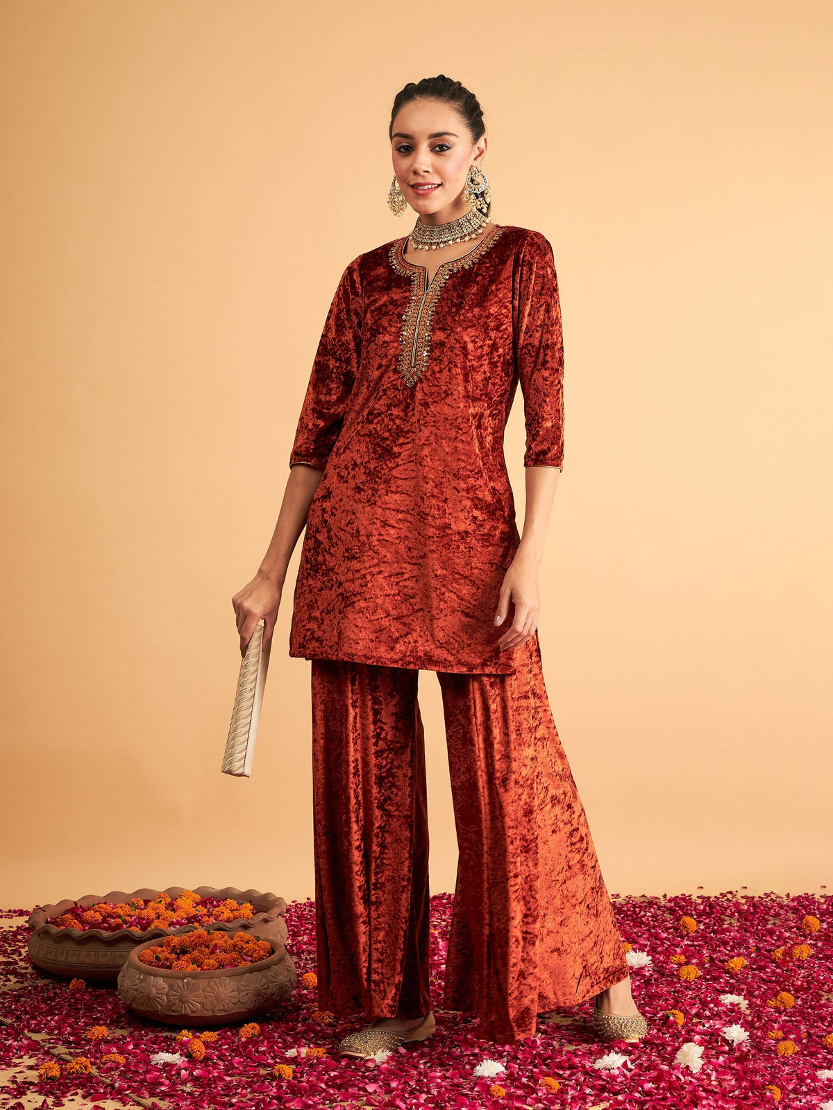Shae by SASSAFRAS Women Rust Velvet Embroidered Short Kurta With Palazzos