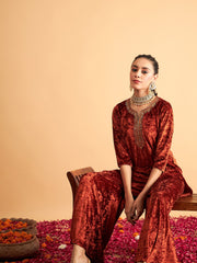 Shae by SASSAFRAS Women Rust Velvet Embroidered Short Kurta With Palazzos