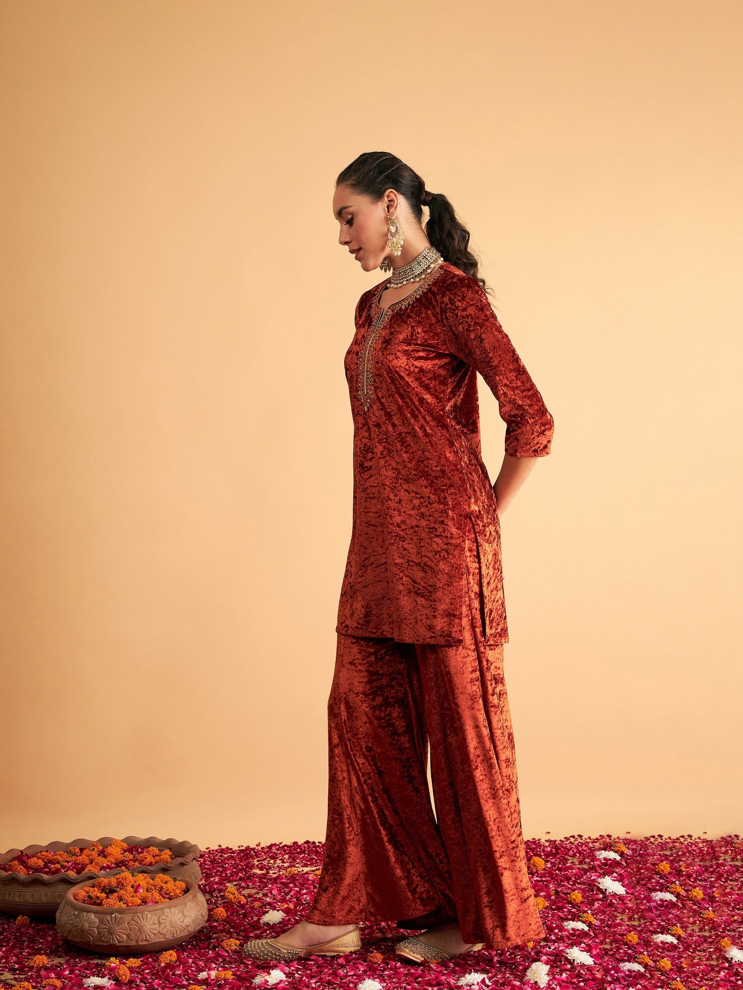 Shae by SASSAFRAS Women Rust Velvet Embroidered Short Kurta With Palazzos