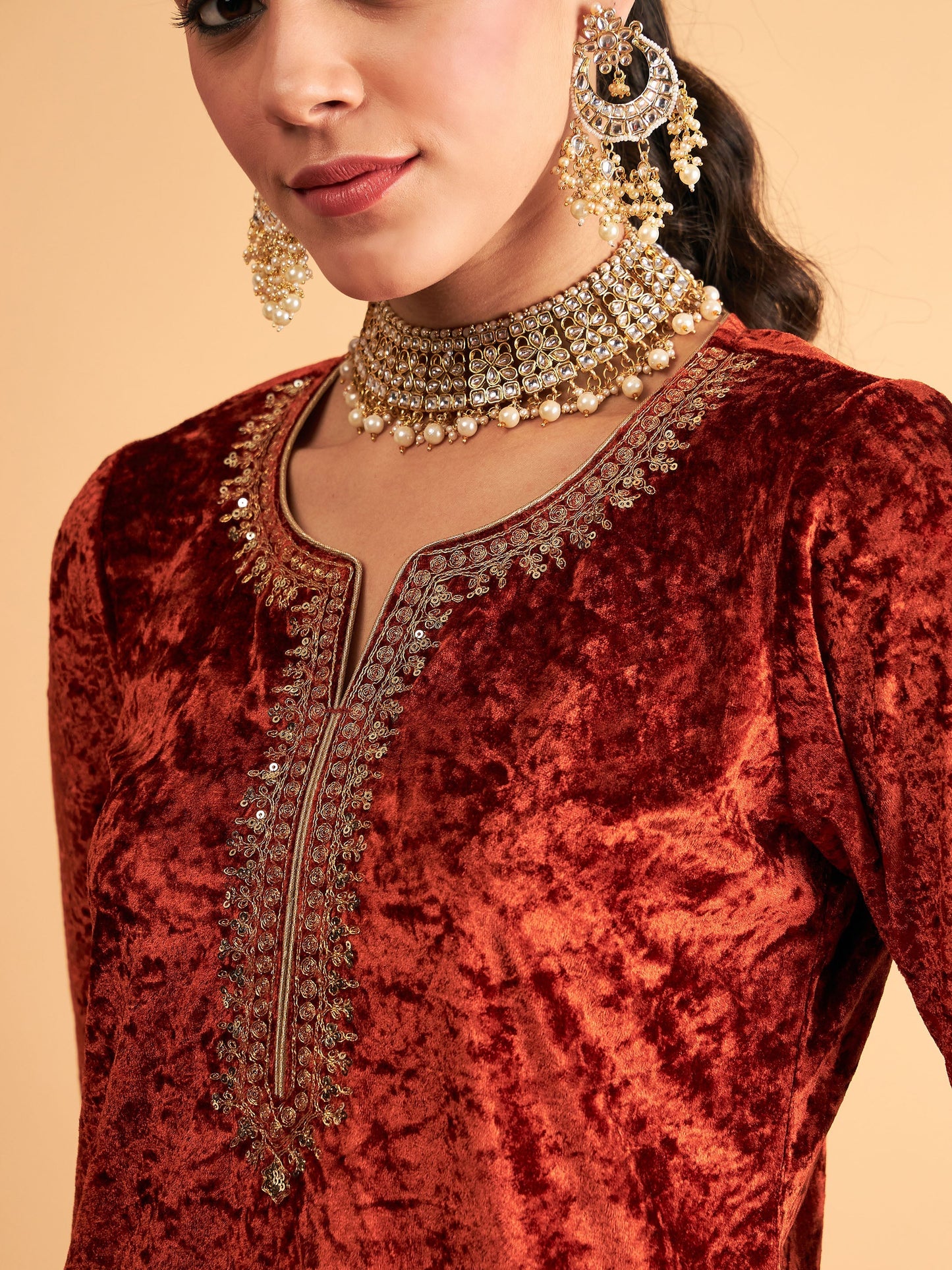 Shae by SASSAFRAS Women Rust Velvet Embroidered Short Kurta With Palazzos