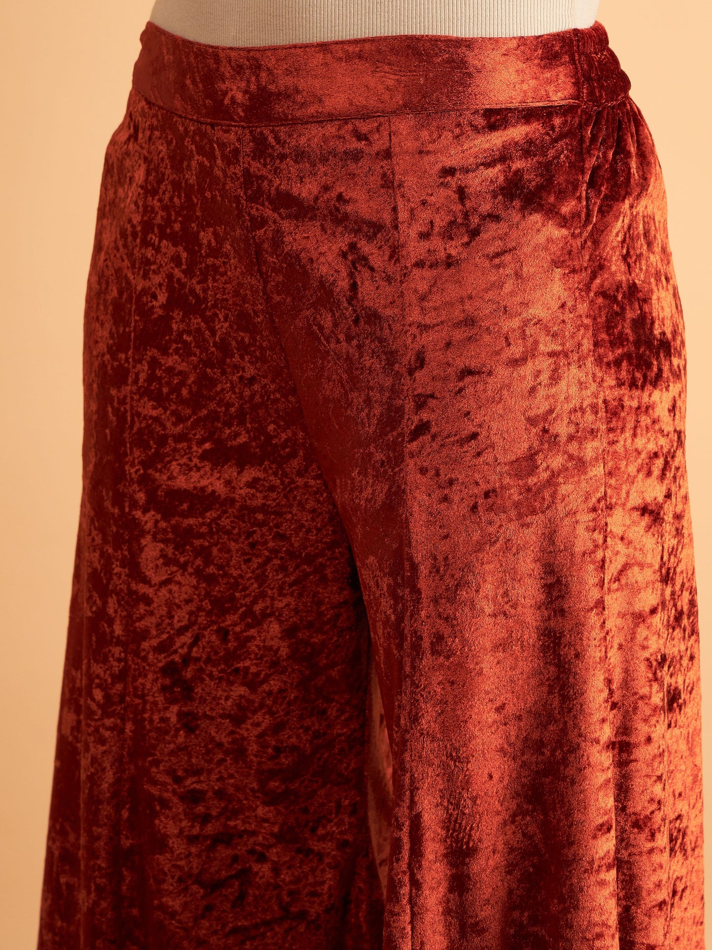 Shae by SASSAFRAS Women Rust Velvet Embroidered Short Kurta With Palazzos