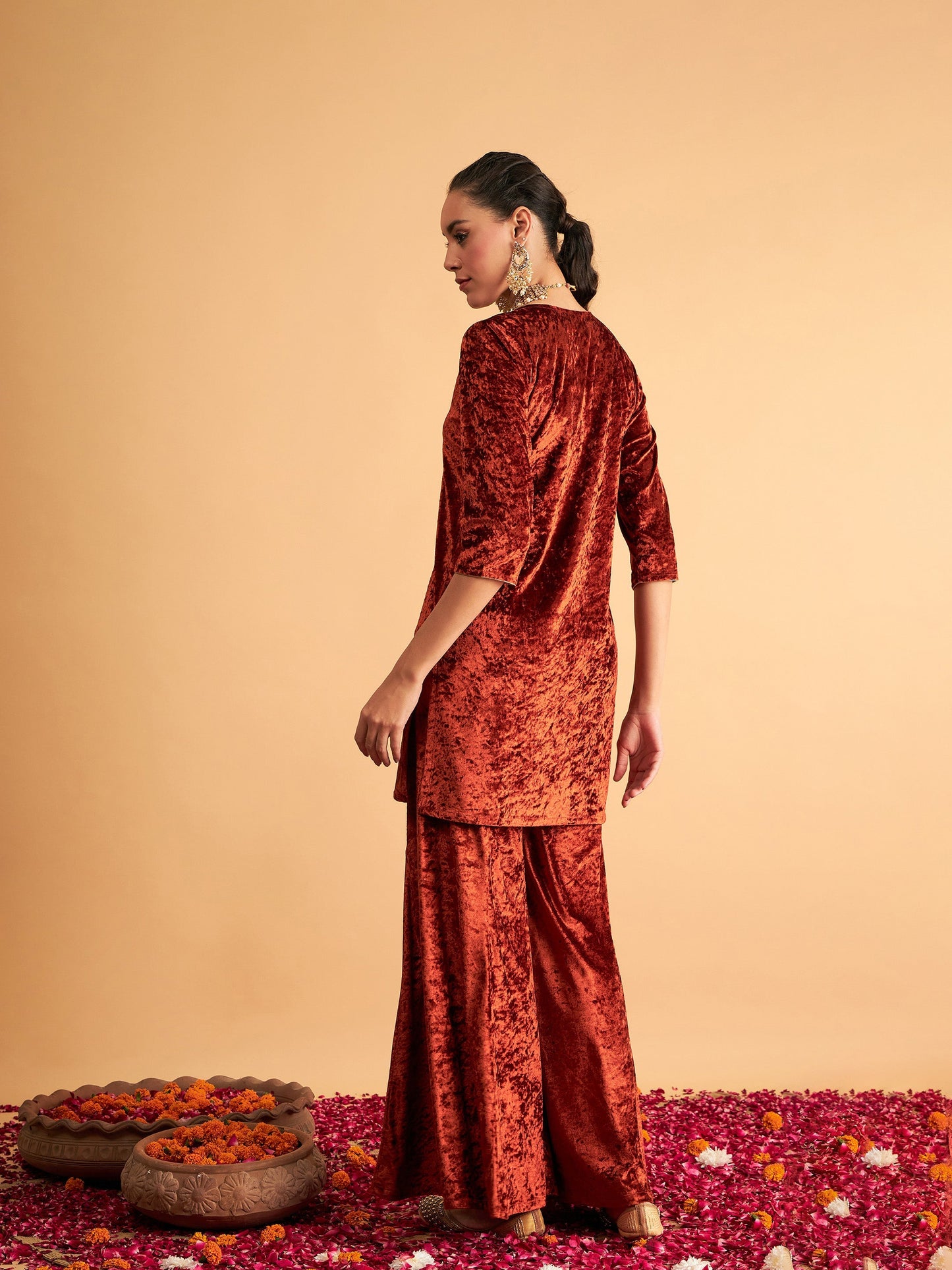 Shae by SASSAFRAS Women Rust Velvet Embroidered Short Kurta With Palazzos