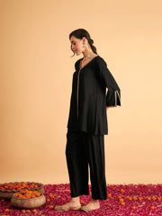 Women Black Embroidered A Line Top With Straight Pants