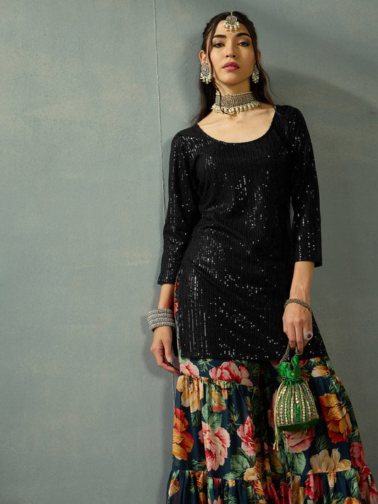 Shae by SASSAFRAS - Women Black Sequence Short Kurta With Sharara Pants