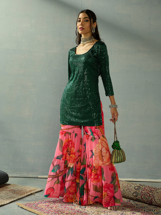 Shae by SASSAFRAS - Women Green Sequence Short Kurta With Sharara Pants
