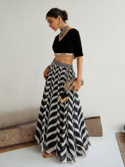 Shae by SASSAFRAS - Women Black Velvet Short Sleeves Crop Top With Anarkali Skirt