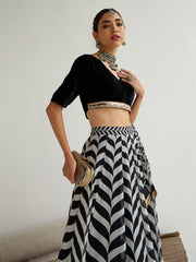 Shae by SASSAFRAS - Women Black Velvet Short Sleeves Crop Top With Anarkali Skirt