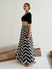 Shae by SASSAFRAS - Women Black Velvet Short Sleeves Crop Top With Anarkali Skirt