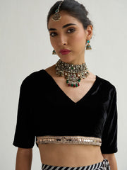 Shae by SASSAFRAS - Women Black Velvet Short Sleeves Crop Top With Anarkali Skirt