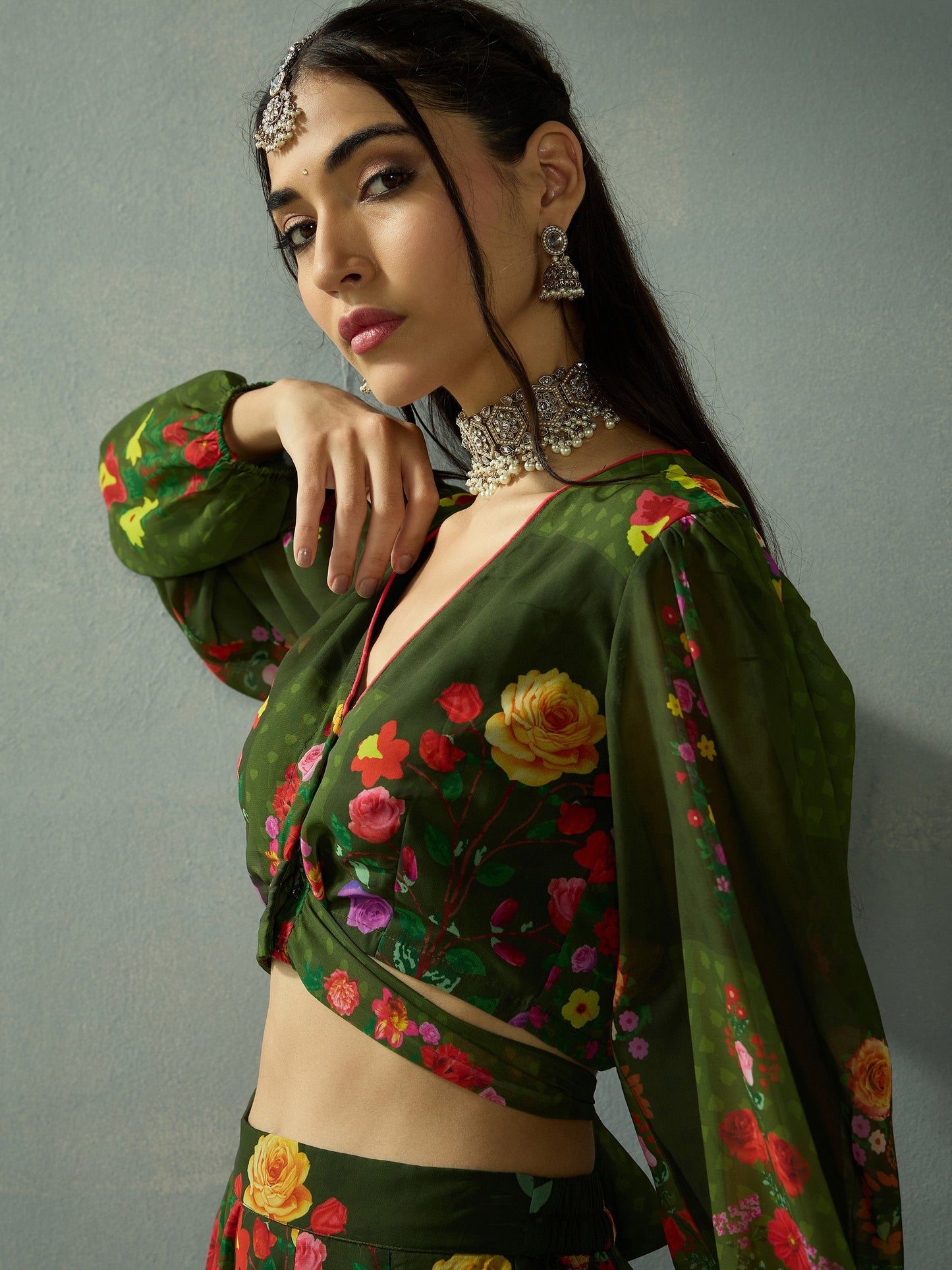 Shae by SASSAFRAS - -Women Green Floral Tie Knot Crop Top With Anarkali Skirt