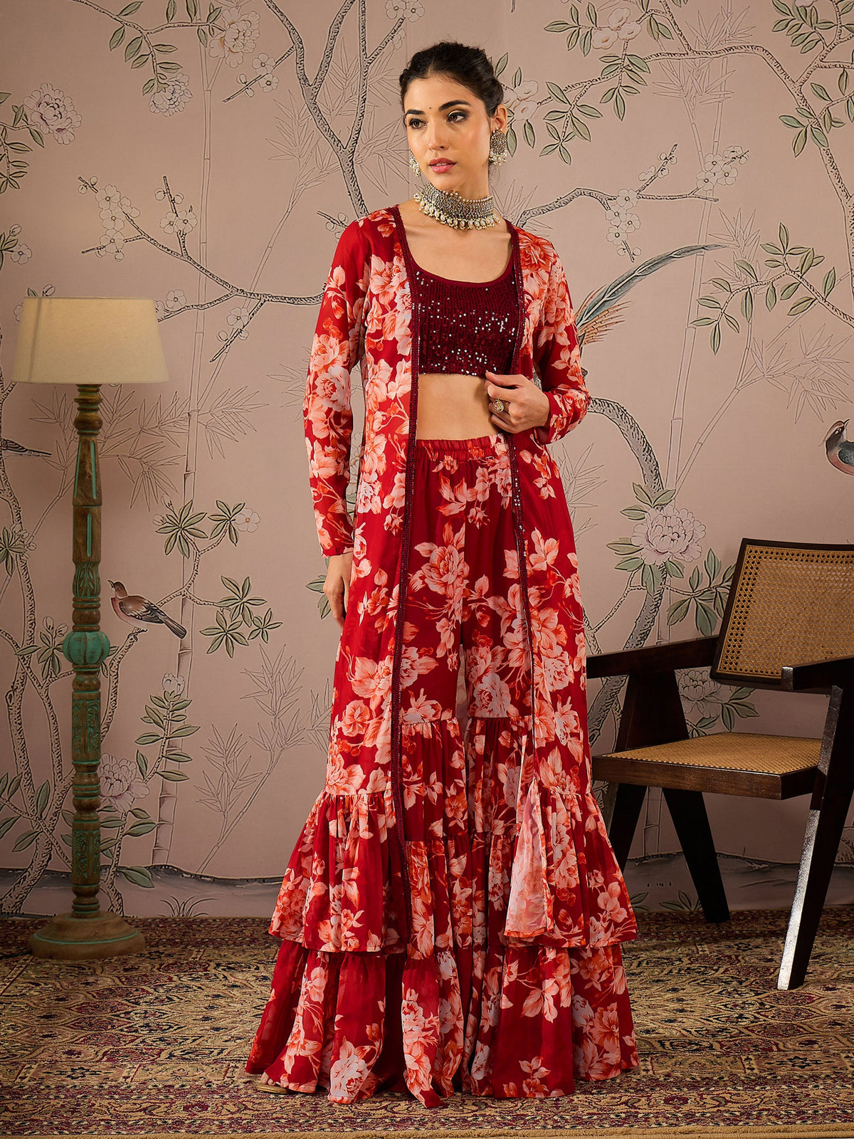 Women Maroon Sequins Crop Top With Floral Sharara And Shrug