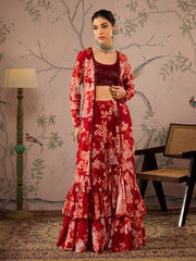 Women Maroon Sequins Crop Top With Floral Sharara And Shrug