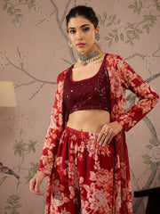 Women Maroon Sequins Crop Top With Floral Sharara And Shrug