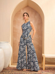 Women Blue & White Floral Sleeveless Top With Palazzos