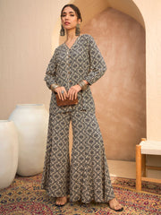 Women Beige & Black Floral Shirt With Palazzos