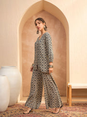 Women Beige & Black Floral Shirt With Palazzos