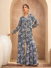 Women Blue & White Floral Shirt With Palazzos