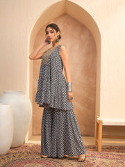Women Black Printed Embroidered Kurta With Sharara