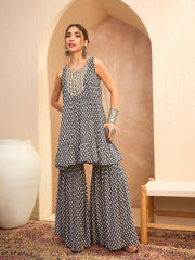 Women Black Printed Embroidered Kurta With Sharara
