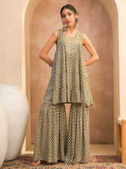 Women Olive Printed Embroidered Kurta With Sharara