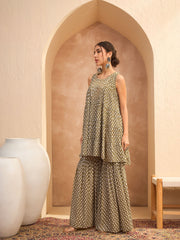 Women Olive Printed Embroidered Kurta With Sharara