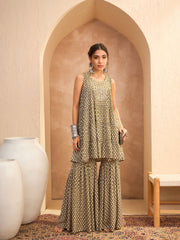 Women Olive Printed Embroidered Kurta With Sharara